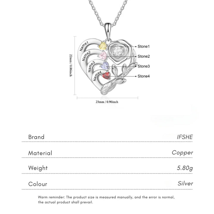 Personalised Heart Necklace with Birthstones and Engraved Names for Mum and Nan