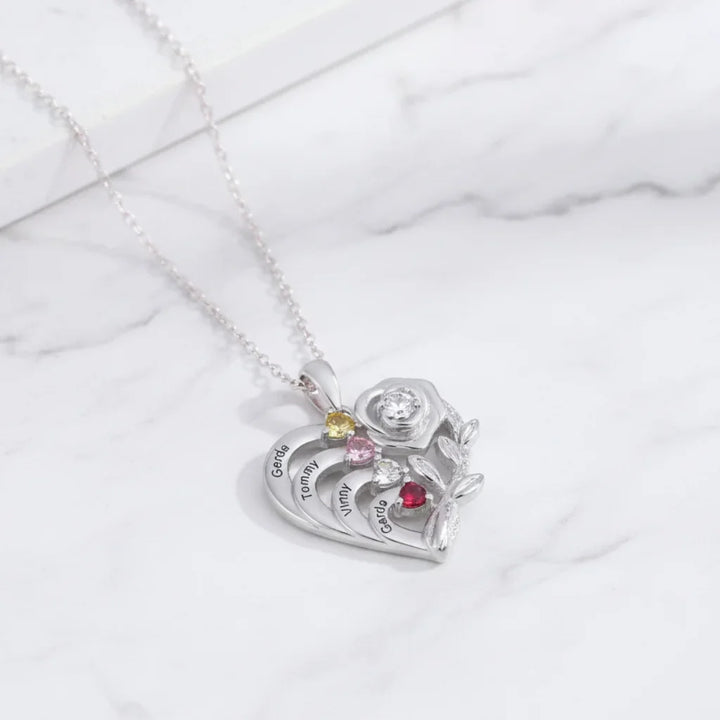 Personalised Heart Necklace with Birthstones and Engraved Names for Mum and Nan