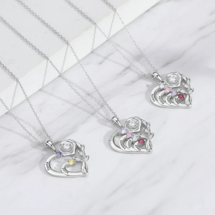 Personalised Heart Necklace with Birthstones and Engraved Names for Mum and Nan