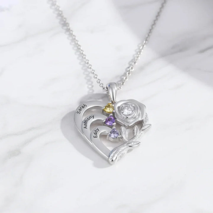 Personalised Heart Necklace with Birthstones and Engraved Names for Mum and Nan