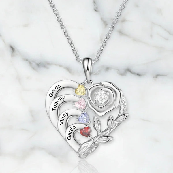 Personalised Heart Necklace with Birthstones and Engraved Names for Mum and Nan