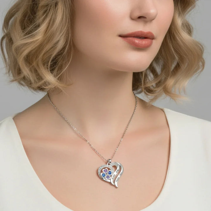 Personalised Heart Necklace with Birthstones – Custom Engraved Names for Family or Mum