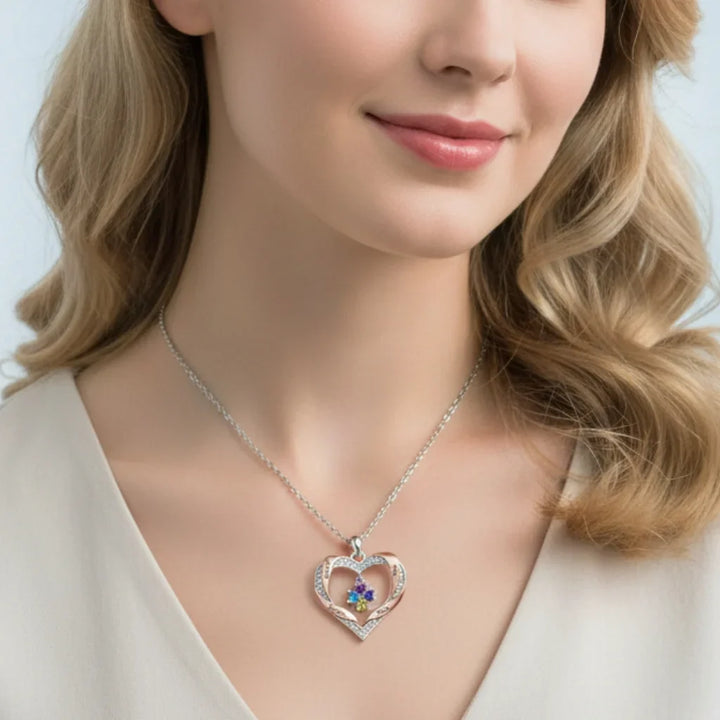 Personalized Heart Birthstone Family Necklace - Engrave 2-4 Names, White Gold Plated Copper