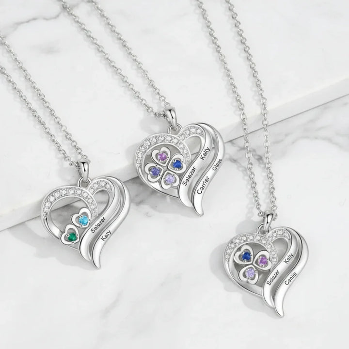 Personalised Heart Necklace with Birthstones – Custom Engraved Names for Family or Mum