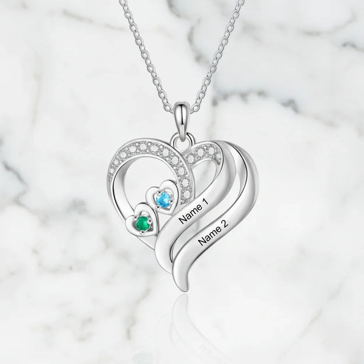 Personalised Heart Necklace with Birthstones – Custom Engraved Names for Family or Mum