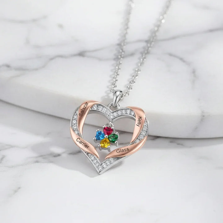 Personalized Heart Birthstone Family Necklace - Engrave 2-4 Names, White Gold Plated Copper