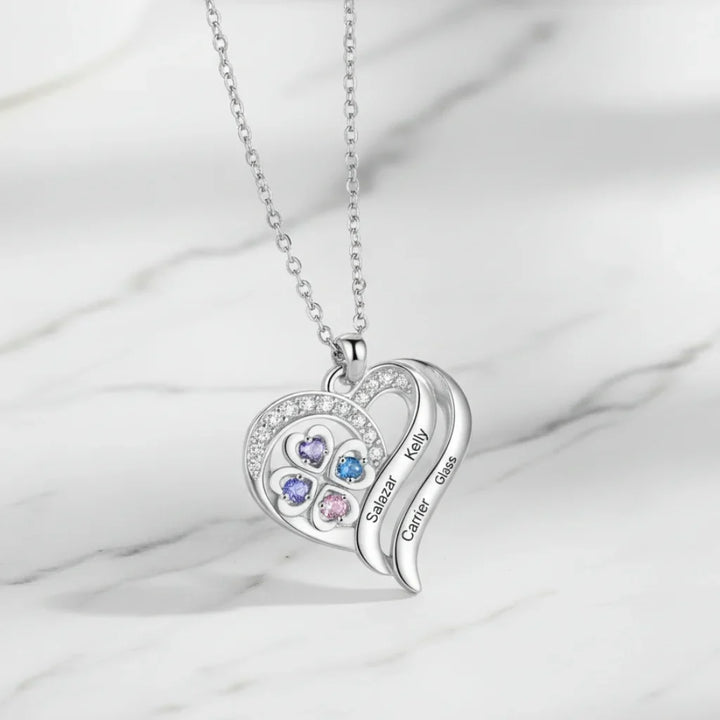 Personalised Heart Necklace with Birthstones – Custom Engraved Names for Family or Mum