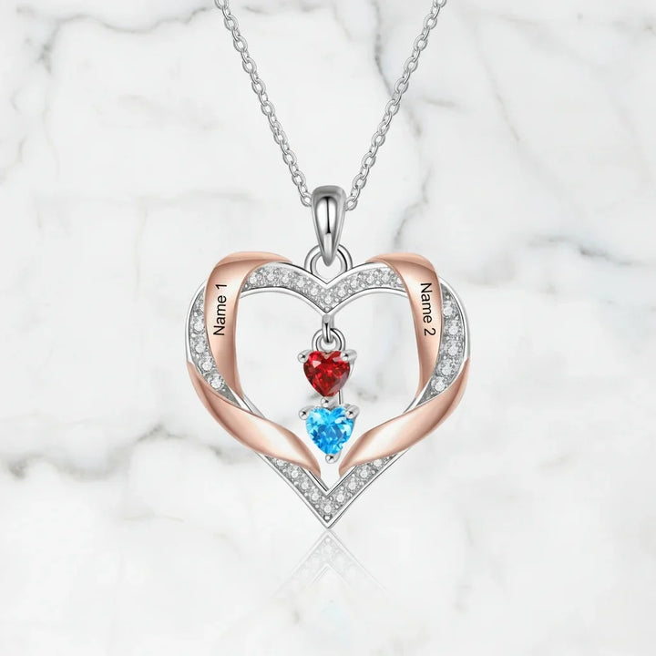 Personalized Heart Birthstone Family Necklace - Engrave 2-4 Names, White Gold Plated Copper