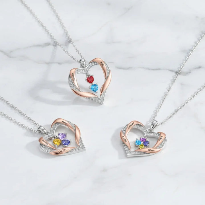 Personalized Heart Birthstone Family Necklace - Engrave 2-4 Names, White Gold Plated Copper