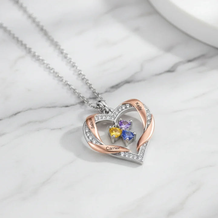 Personalized Heart Birthstone Family Necklace - Engrave 2-4 Names, White Gold Plated Copper