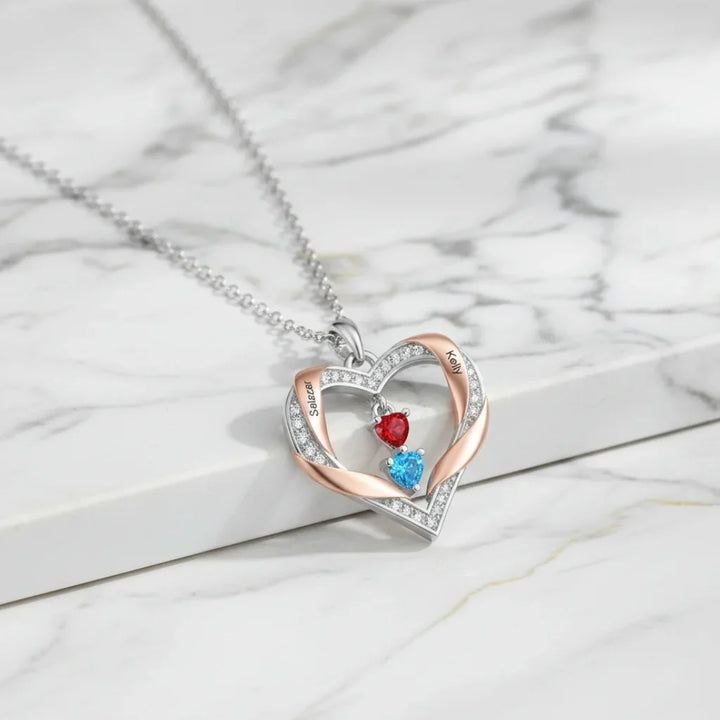 Personalized Heart Birthstone Family Necklace - Engrave 2-4 Names, White Gold Plated Copper