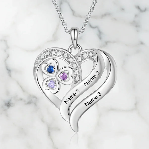 Personalised Heart Necklace with Birthstones – Custom Engraved Names for Family or Mum
