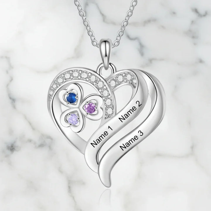 Personalised Heart Necklace with Birthstones – Custom Engraved Names for Family or Mum