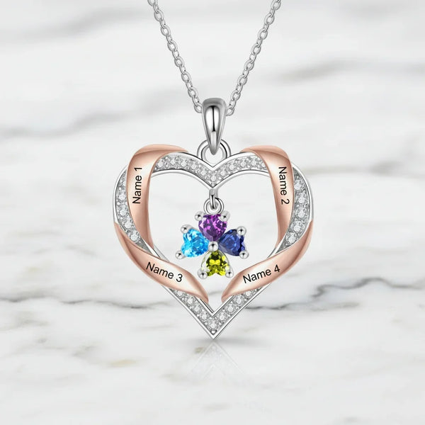 Personalized Heart Birthstone Family Necklace - Engrave 2-4 Names, White Gold Plated Copper