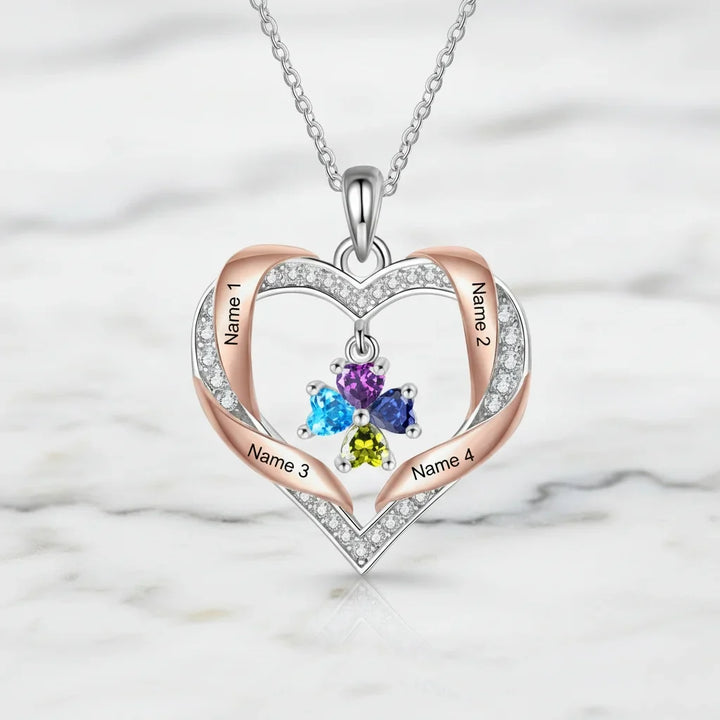 Personalized Heart Birthstone Family Necklace - Engrave 2-4 Names, White Gold Plated Copper
