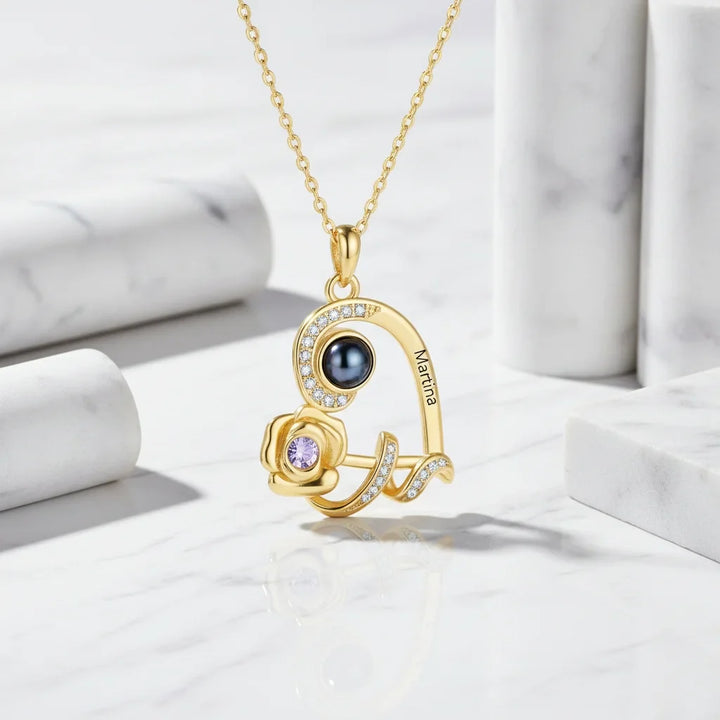 Personalised Heart Rose Photo Projection Necklace with Name Engraving & Birthstone