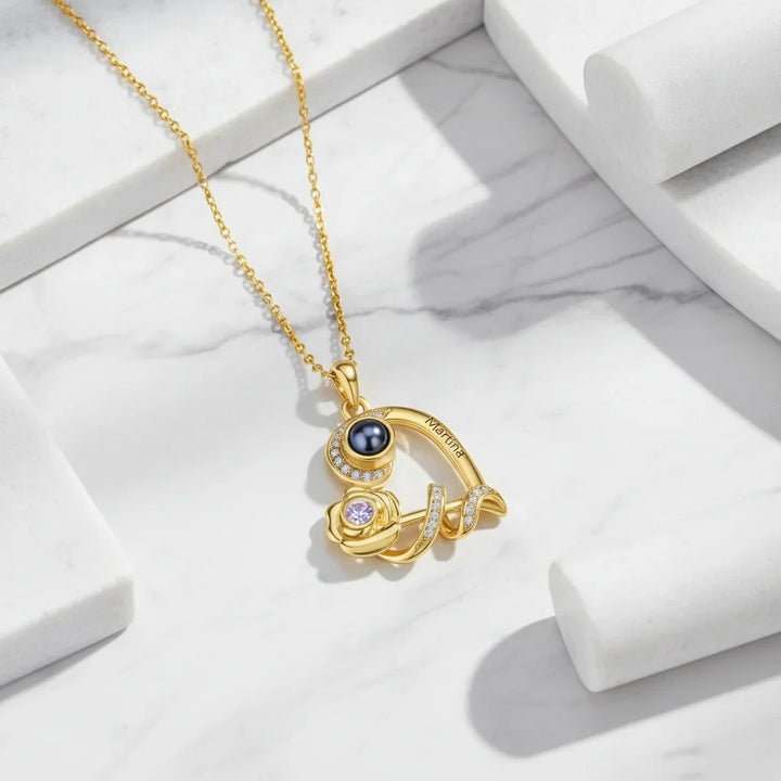 Personalised Heart Rose Photo Projection Necklace with Name Engraving & Birthstone