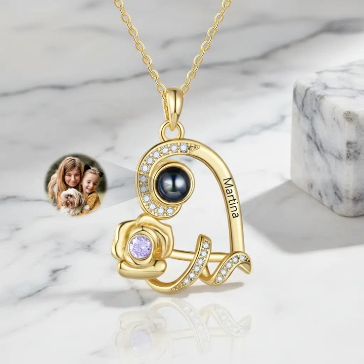 Personalised Heart Rose Photo Projection Necklace with Name Engraving & Birthstone