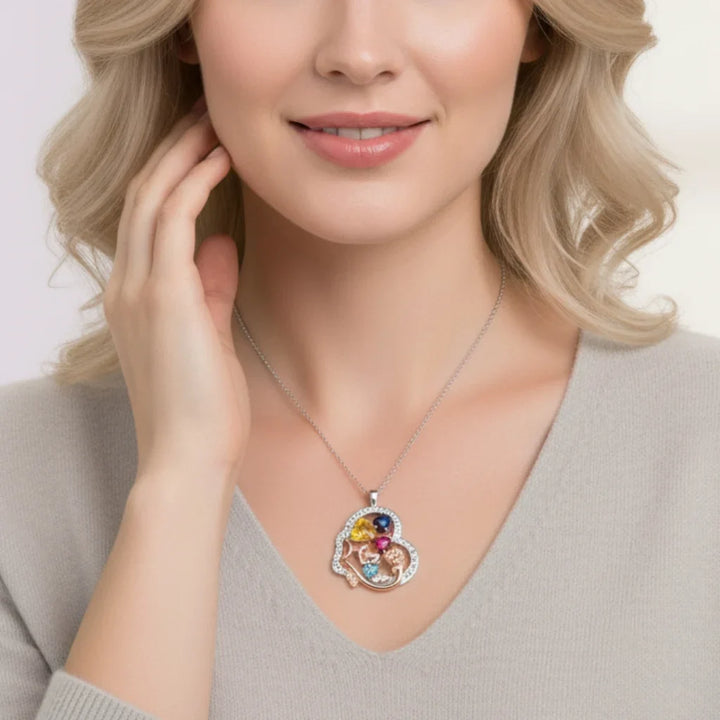 Personalised Heart-Shaped Mom Necklace with Birthstones and Engraved Names