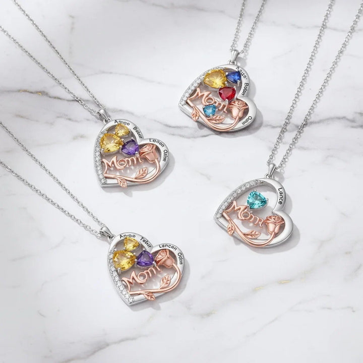 Personalised Heart-Shaped Mom Necklace with Birthstones and Engraved Names