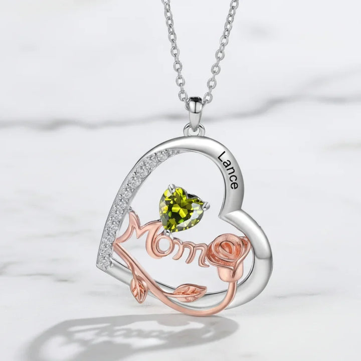 Personalised Heart-Shaped Mom Necklace with Birthstones and Engraved Names