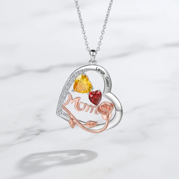 Personalised Heart-Shaped Mom Necklace with Birthstones and Engraved Names