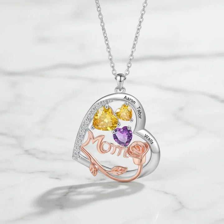 Personalised Heart-Shaped Mom Necklace with Birthstones and Engraved Names