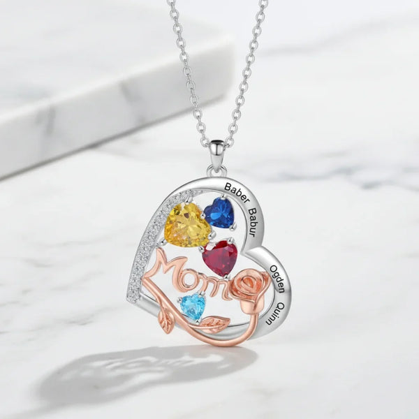 Personalised Heart-Shaped Mom Necklace with Birthstones and Engraved Names