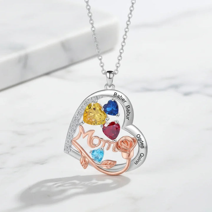 Personalised Heart-Shaped Mom Necklace with Birthstones and Engraved Names