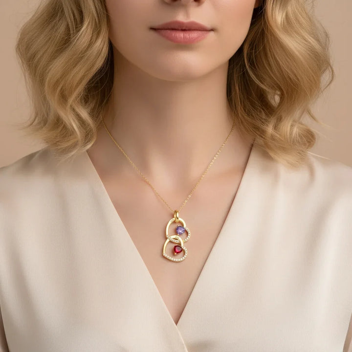 Personalised Interlocking Heart Necklace with Engraved Names and Birthstones