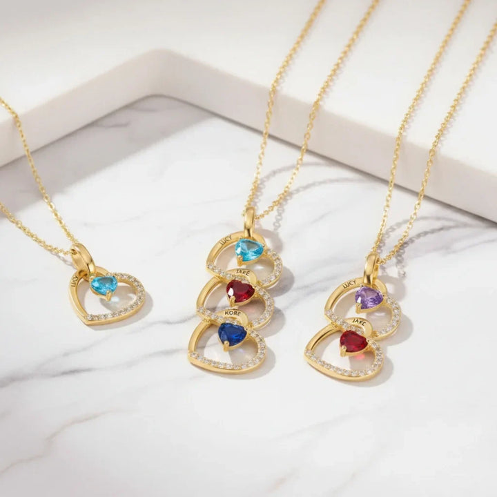 Personalised Interlocking Heart Necklace with Engraved Names and Birthstones