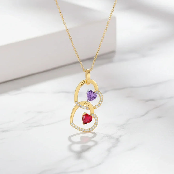 Personalised Interlocking Heart Necklace with Engraved Names and Birthstones