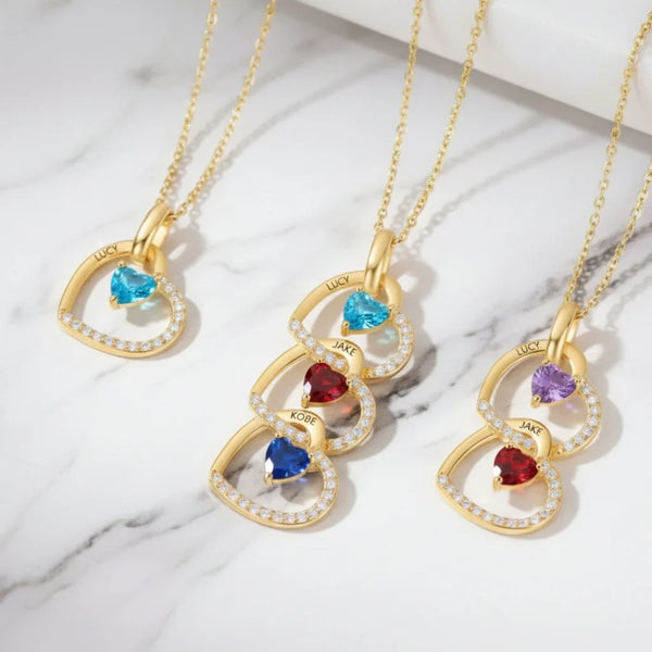 Personalised Interlocking Heart Necklace with Engraved Names and Birthstones