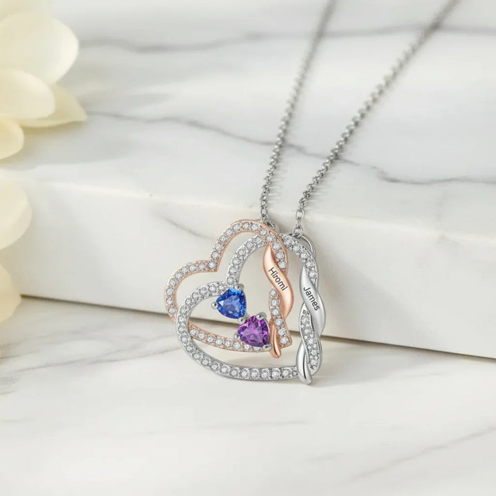 Personalised Intertwined Hearts Necklace with Birthstones & Engraved Names