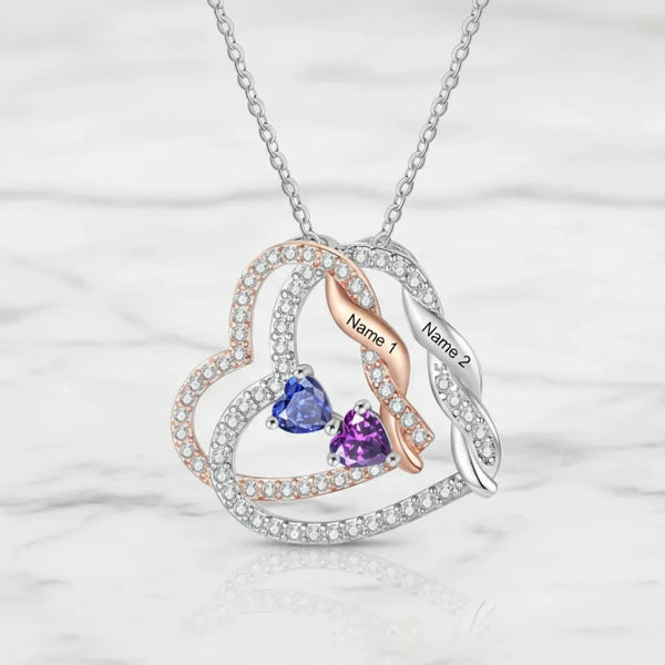 Personalised Intertwined Hearts Necklace with Birthstones & Engraved Names
