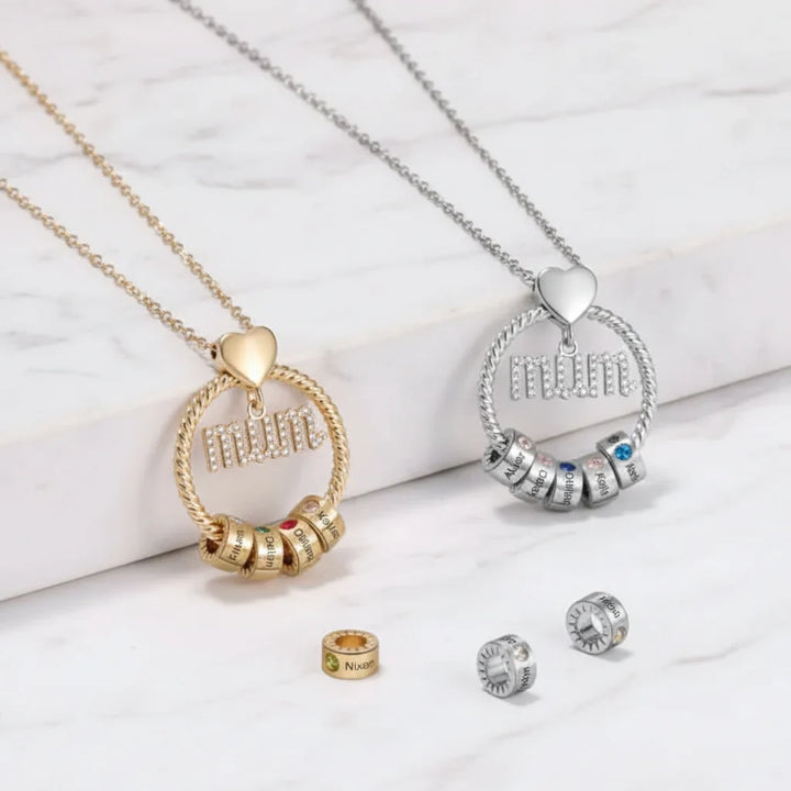 Personalised Mum Necklace with Birthstone Beads - Engrave 1-6 Names in Gold or Silver
