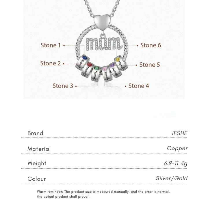 Personalised Mum Necklace with Birthstone Beads - Engrave 1-6 Names in Gold or Silver