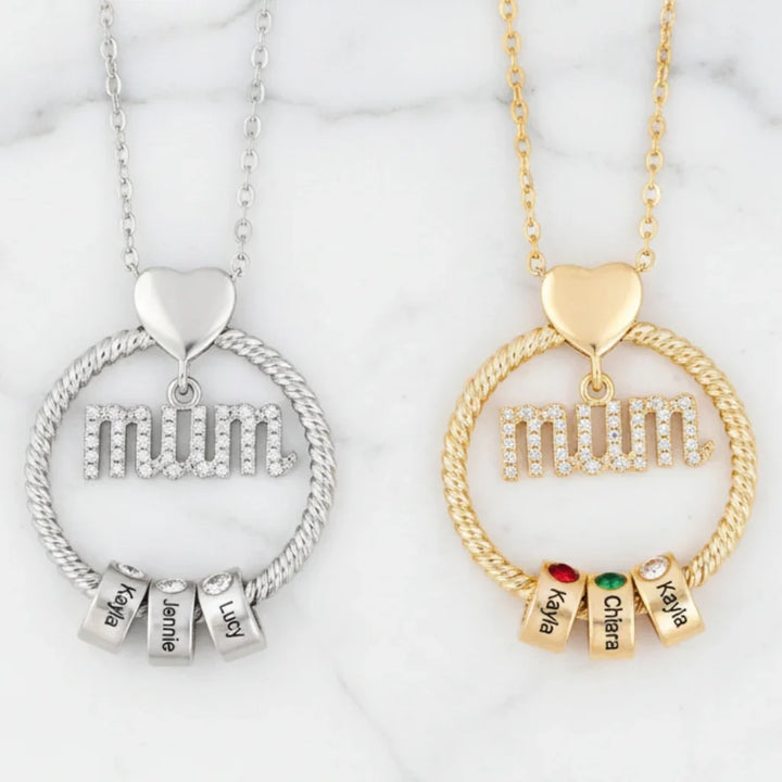 Personalised Mum Necklace with Birthstone Beads - Engrave 1-6 Names in Gold or Silver