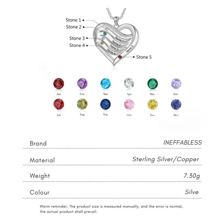 Personalised Name Engraved Heart Necklace for Mum with 2-5 Children's Birthstones, 925 Sterling Silver/Copper