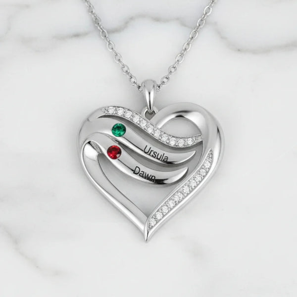 Personalised Name Engraved Heart Necklace for Mum with 2-5 Children's Birthstones, 925 Sterling Silver/Copper