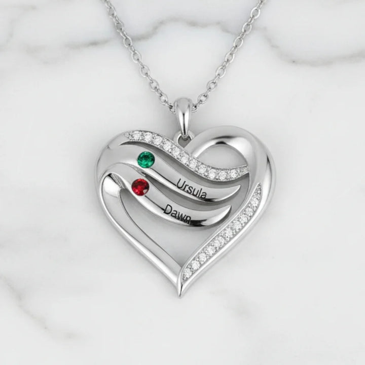 Personalised Name Engraved Heart Necklace for Mum with 2-5 Children's Birthstones, 925 Sterling Silver/Copper