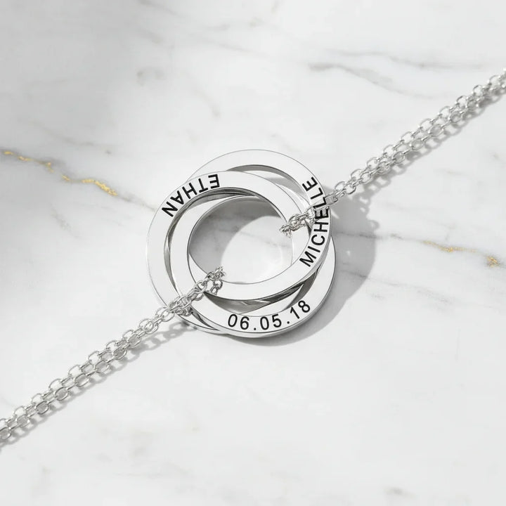 Personalised Russian Ring Bracelet - Engrave Names or Date onto 3-5 Intertwined Circles in Sterling Silver