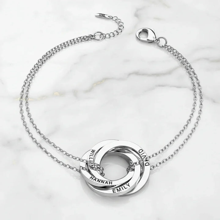 Personalised Russian Ring Bracelet - Engrave Names or Date onto 3-5 Intertwined Circles in Sterling Silver