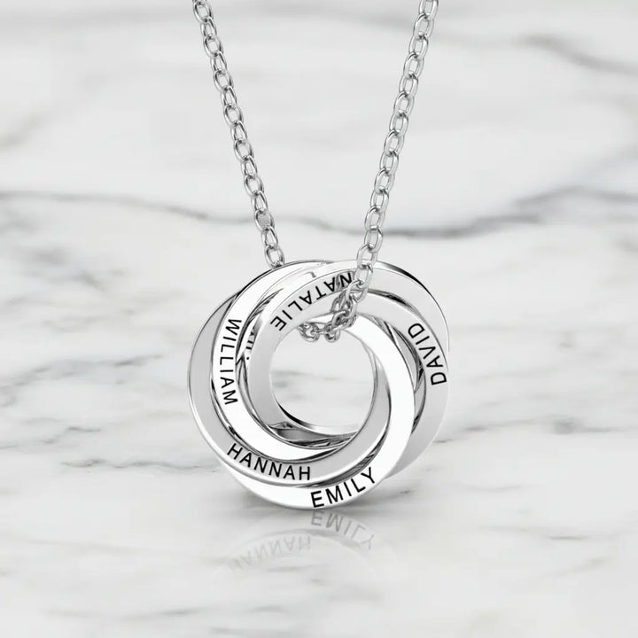 Personalised Engraved Russian Ring Necklace, Sterling Silver or Gold Vermeil, 3-5 Intertwined Circles