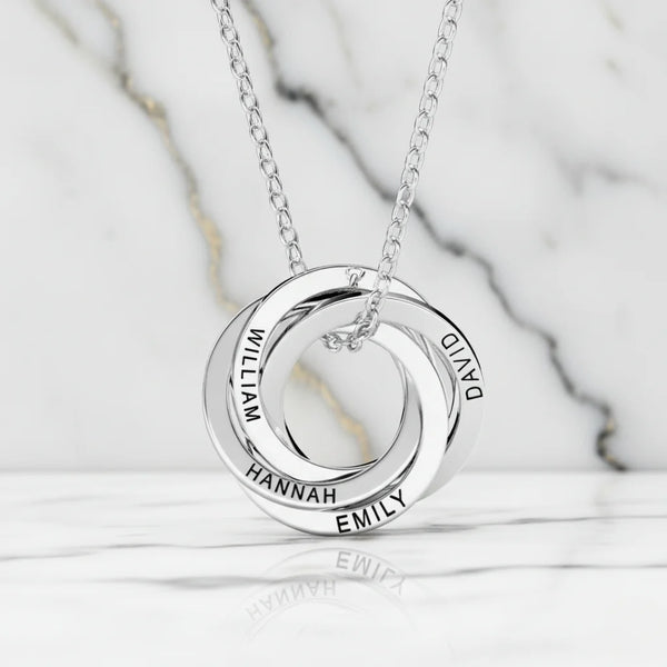 Personalised Russian Ring Necklace Engraved 4 Names Necklace 925 Sterling Silver