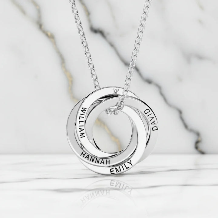 Personalised Engraved Russian Ring Necklace, Sterling Silver or Gold Vermeil, 3-5 Intertwined Circles