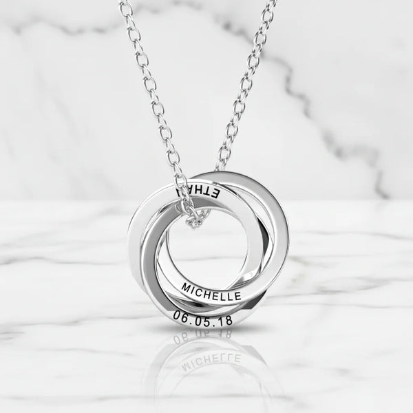 Personalised Engraved Russian Ring Necklace, Sterling Silver or Gold Vermeil, 3-5 Intertwined Circles