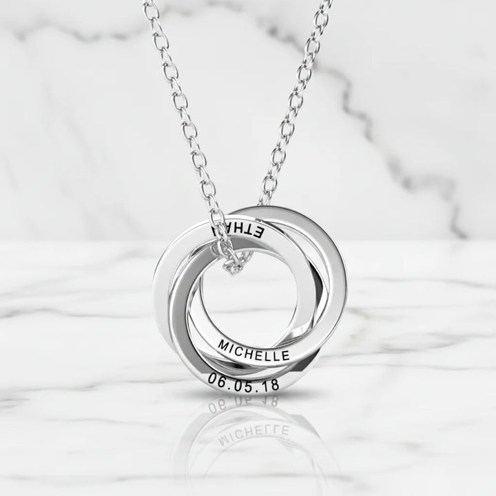 Personalised Engraved Russian Ring Necklace, Sterling Silver or Gold Vermeil, 3-5 Intertwined Circles