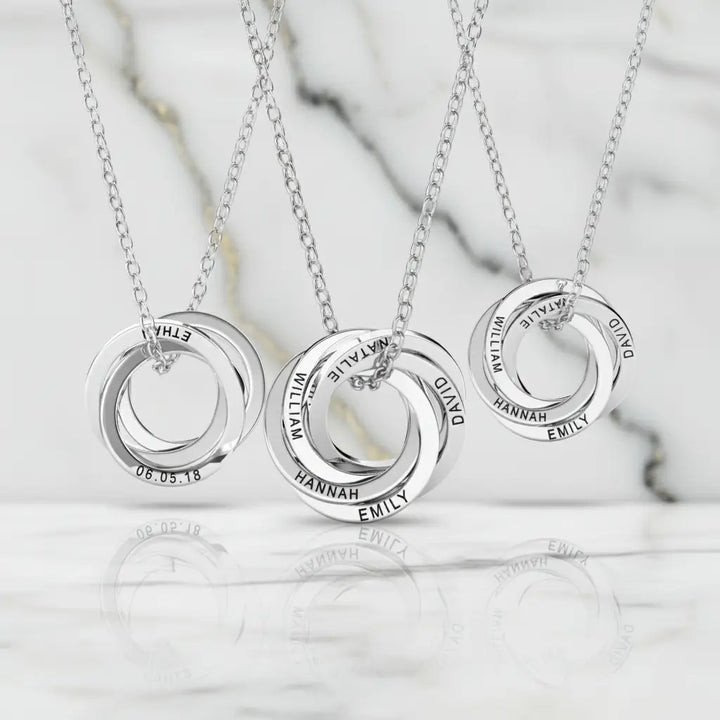 Personalised Engraved Russian Ring Necklace, Sterling Silver or Gold Vermeil, 3-5 Intertwined Circles