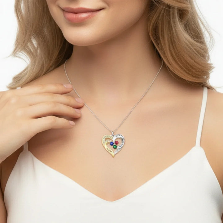 Personalised Two-Tone Heart Pendant: Engraved Names & Family Birthstones, Sterling Silver Gift for Mum